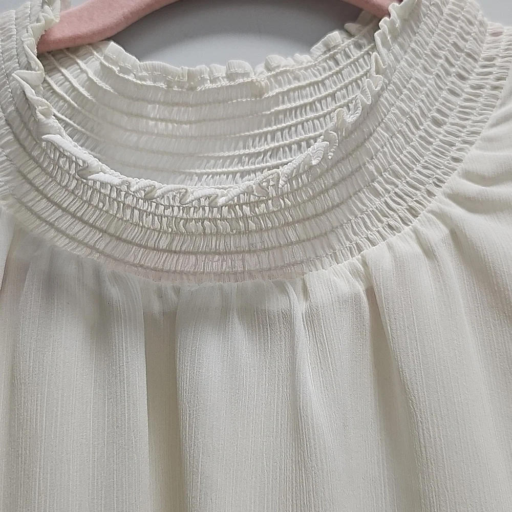 J.Crew White Smocked High Neck Long Sleeve Chiffon Blouse Size M